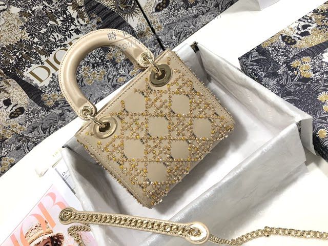 Dior女包 迪奧Lady Dior三格刺繡金色珠子燙鑽戴妃包 Dior手提肩背斜挎包  dfk1849